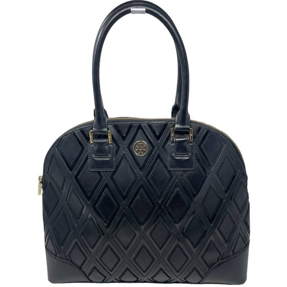 Tory Burch Robinson Logo Monogram Leather Dome Tote Shoulder Bag Black Gold